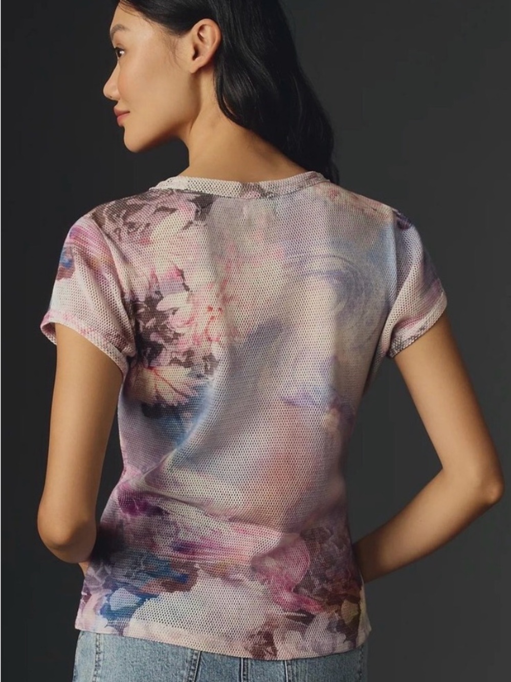 Anthropologie Pilcro Mesh Ringer Tee XS Pastel Floral Watercolor Festival Boho - Picture 2 of 5